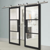 Sirius Tubular Stainless Steel Sliding Track & Tribeca 3 Pane Black Painted Double Door - Clear Glass