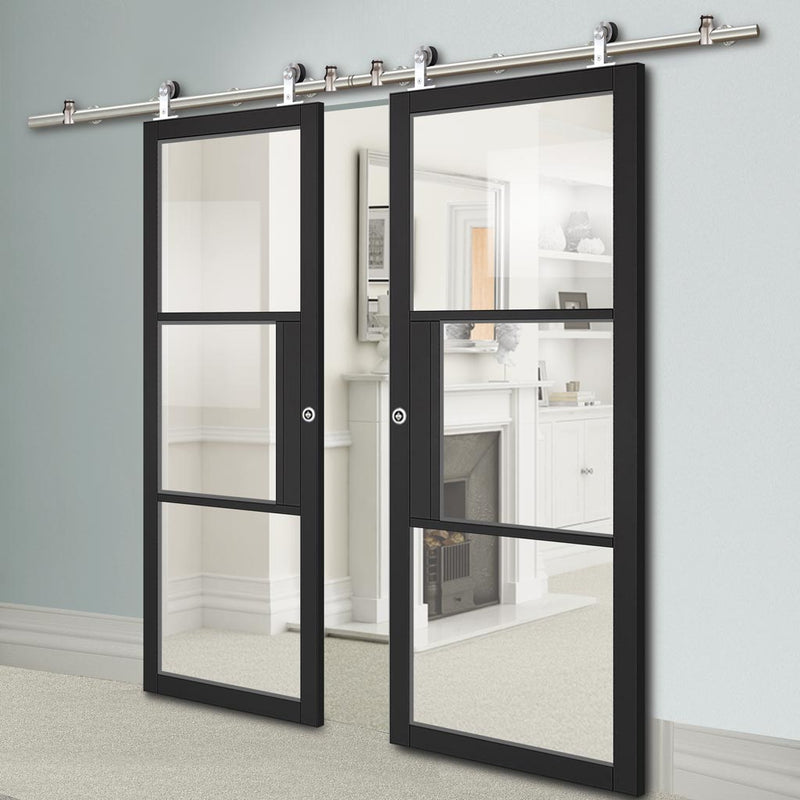 Sirius Tubular Stainless Steel Sliding Track & Tribeca 3 Pane Black Painted Double Door - Clear Glass