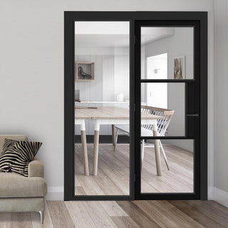 Image: ThruEasi Black Room Divider - Tribeca 3 Pane Primed Clear Glass Unfinished Door with Full Glass Side