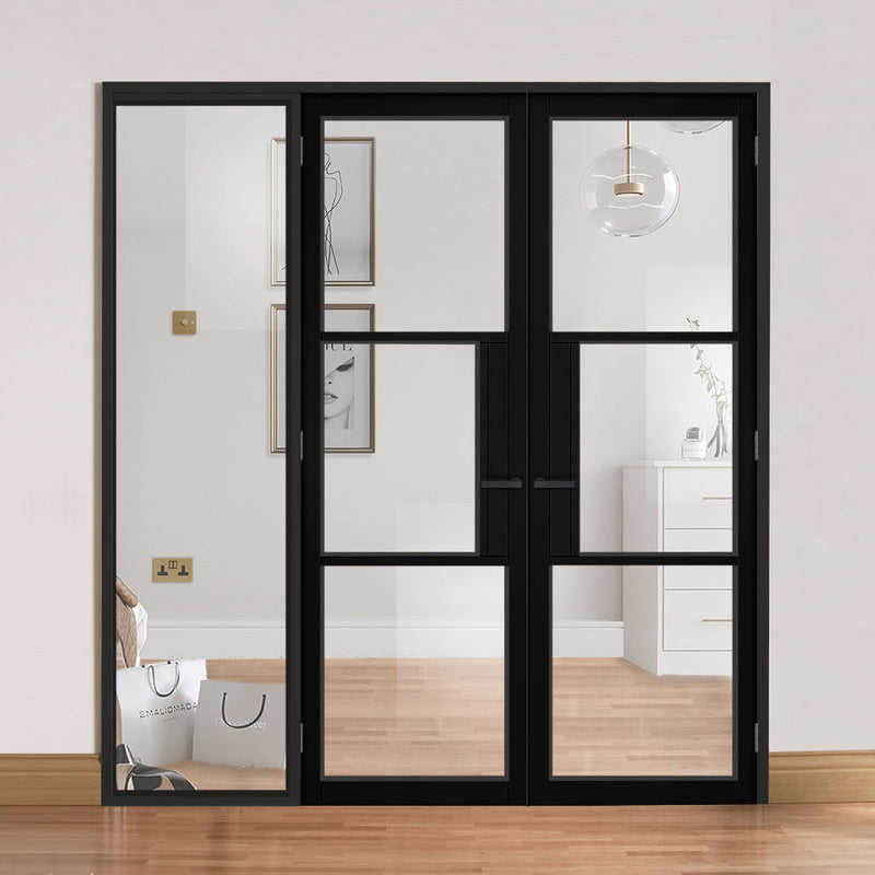 BlackRoom Divider - Tribeca 3 Pane Clear Glass Prefinished Door Pair with Full Glass Side