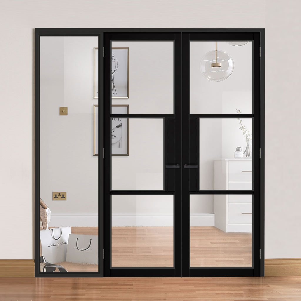 ThruEasi Black Room Divider - Tribeca 3 Pane Clear Glass Prefinished Door Pair with Full Glass Side