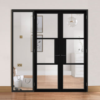 Image: ThruEasi Black Room Divider - Tribeca 3 Pane Primed Clear Glass Unfinished Door Pair with Full Glass Side