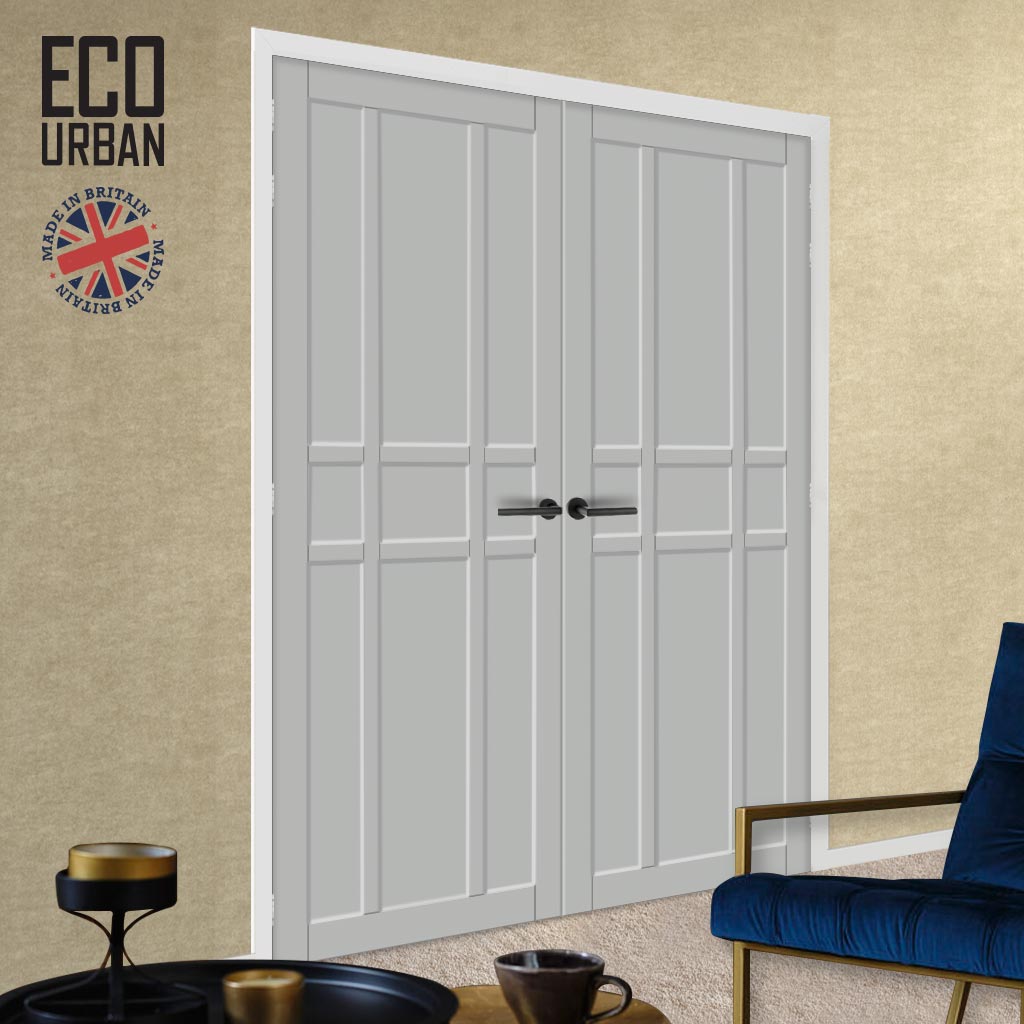 Tromso 9 Panel Solid Wood Internal Door Pair UK Made DD6402 - Eco-Urban® Mist Grey Premium Primed