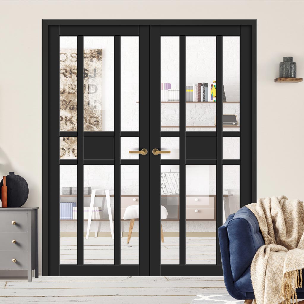 Eco-Urban Tromso 8 Pane 1 Panel Solid Wood Internal Door Pair UK Made DD6402G Clear Glass - Eco-Urban® Shadow Black Premium Primed