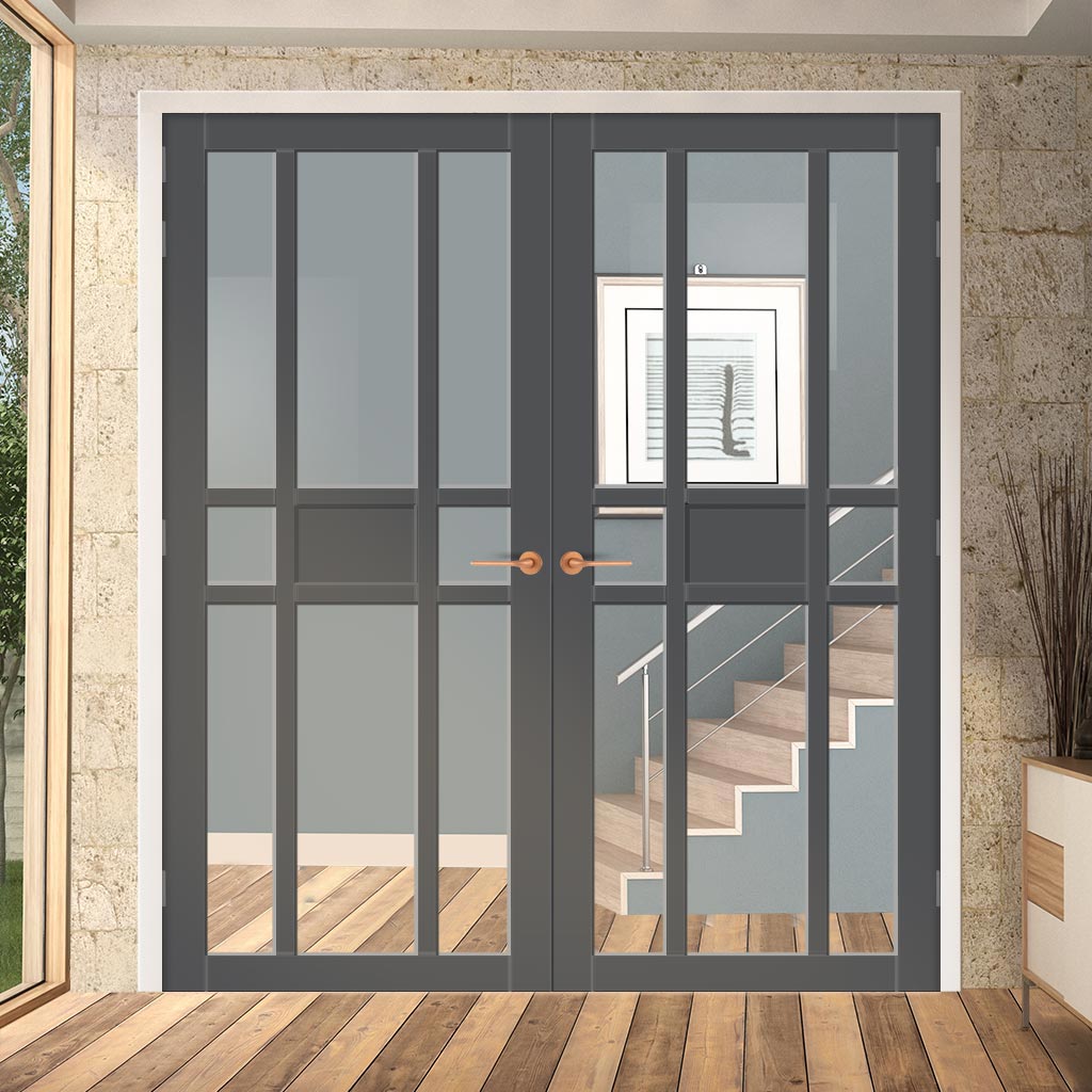 Eco-Urban Tromso 8 Pane 1 Panel Solid Wood Internal Door Pair UK Made DD6402G Clear Glass - Eco-Urban® Stormy Grey Premium Primed