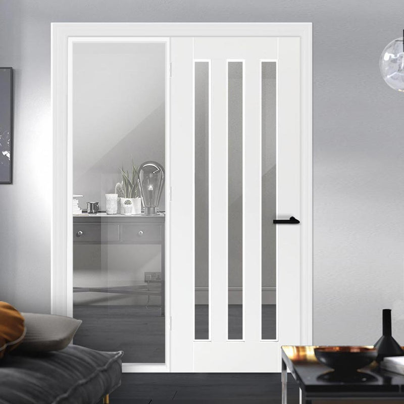 WhiteRoom Divider - Utah 3 Pane Clear Glass Primed Door with Full Glass Side