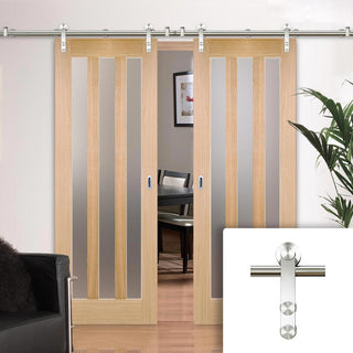 Image: Saturn Tubular Stainless Steel Sliding Track & Utah 3 Pane Oak Double Door - Frosted Glass - Prefinished