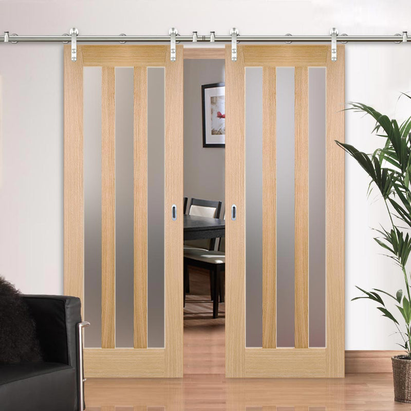 Saturn Tubular Stainless Steel Sliding Track & Utah 3 Pane Oak Double Door - Frosted Glass - Prefinished