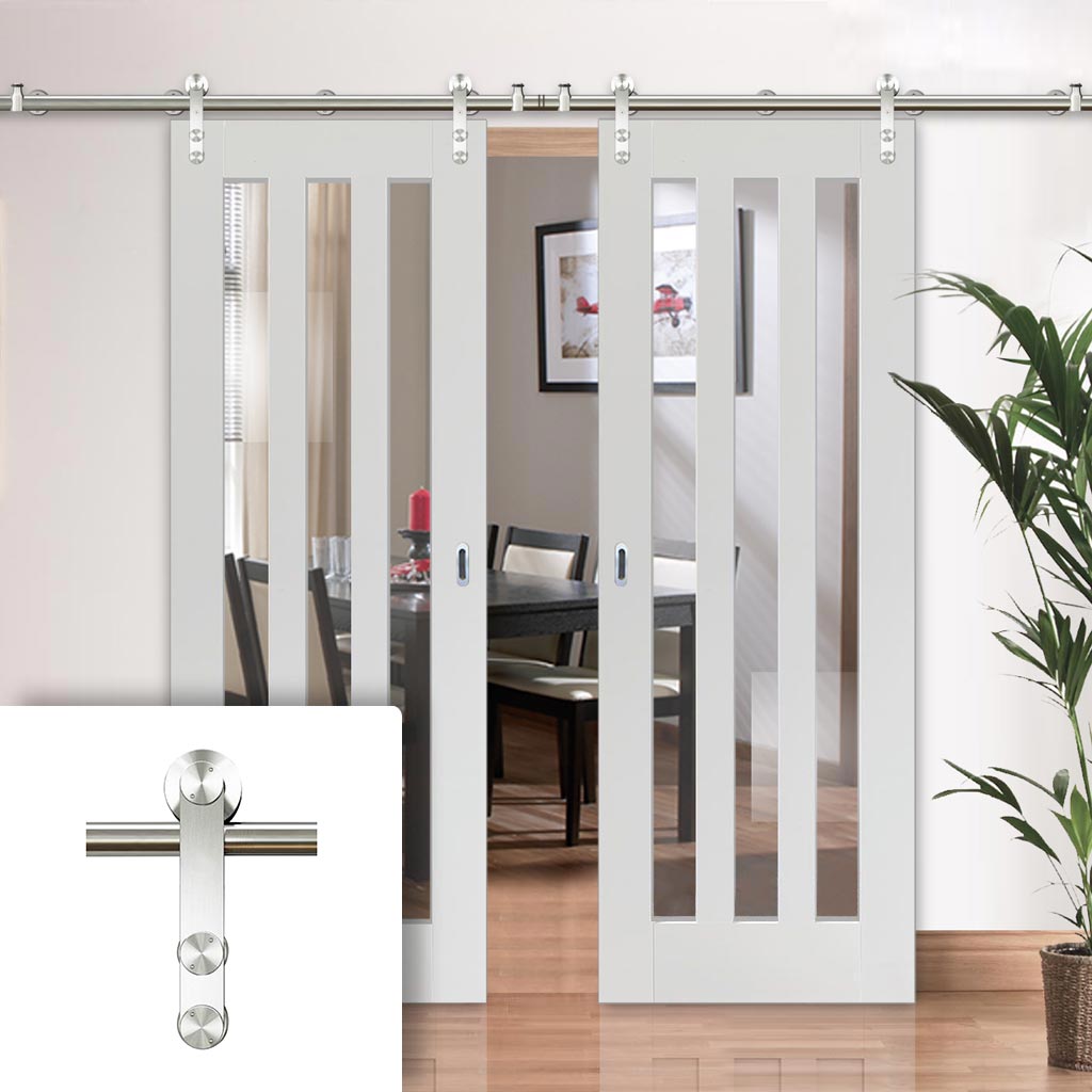 Saturn Tubular Stainless Steel Sliding Track & Utah 3 Pane Double Door - Clear Glass - Primed