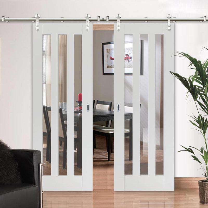 Saturn Tubular Stainless Steel Sliding Track & Utah 3 Pane Double Door - Clear Glass - Primed