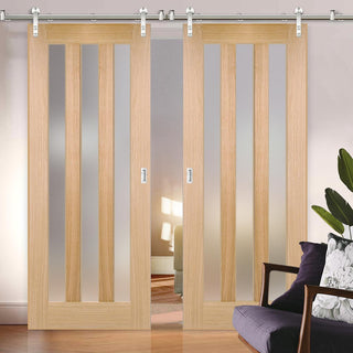 Image: Saturn Tubular Stainless Steel Sliding Track & Utah 3 Pane Oak Double Door - Frosted Glass - Unfinished