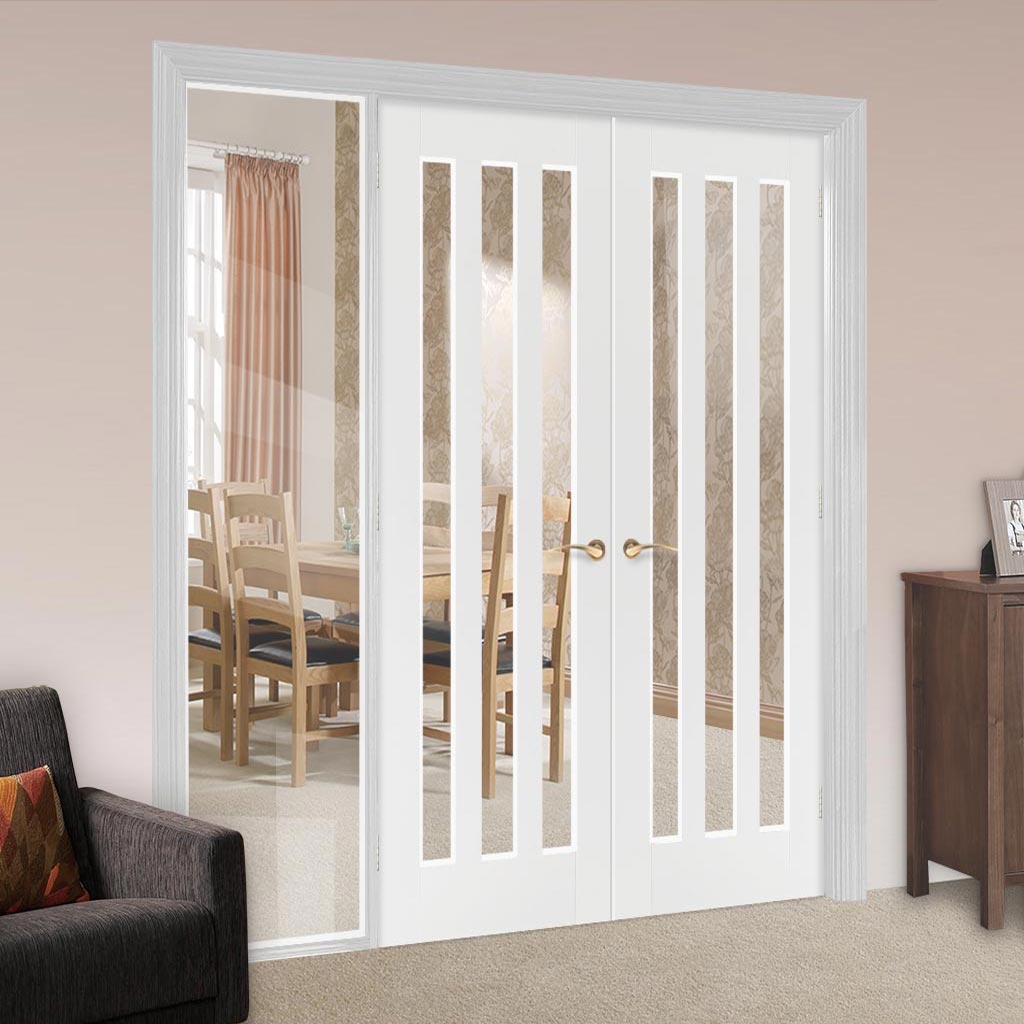 ThruEasi White Room Divider - Utah 3 Pane Clear Glass Primed Door Pair with Full Glass Side