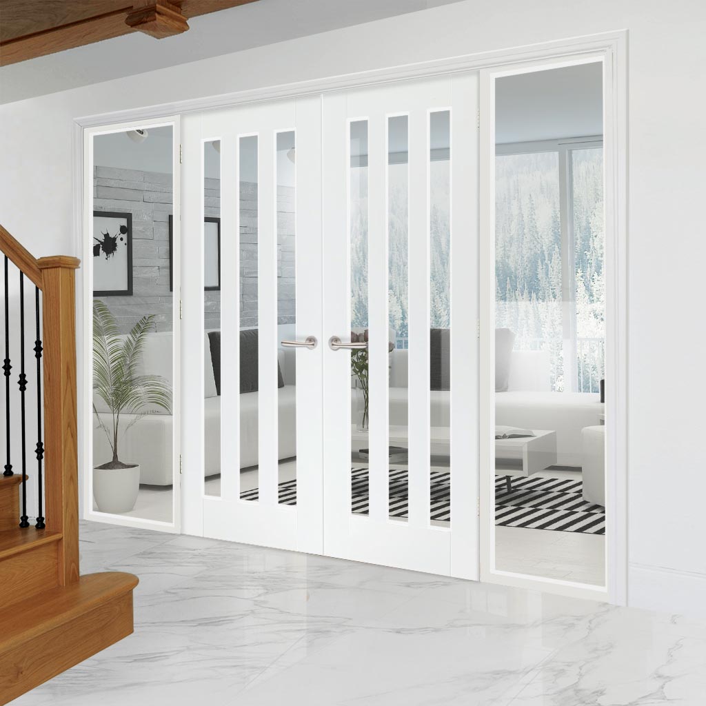 ThruEasi White Room Divider - Utah 3 Pane Clear Glass Primed Door Pair with Full Glass Sides