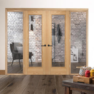 Image: ThruEasi Oak Room Divider - Vancouver 1 Pane Clear Glass Prefinished Door Pair with Full Glass Sides