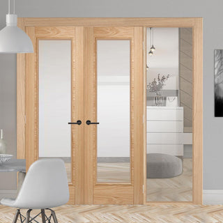 Image: ThruEasi Oak Room Divider - Vancouver 1 Pane Clear Glass Prefinished Door Pair with Full Glass Side