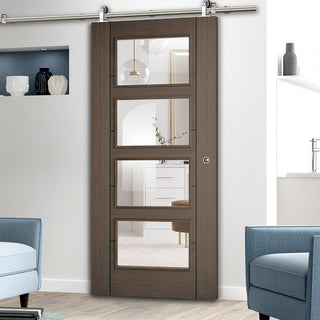 Image: Sirius Tubular Stainless Steel Sliding Track & Vancouver 4 Pane Chocolate Grey Door - Clear Glass - Prefinished