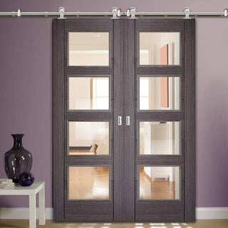 Image: Sirius Tubular Stainless Steel Sliding Track & Vancouver 4 Pane Ash Grey Double Door - Clear Glass - Prefinished