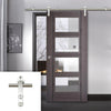Saturn Tubular Stainless Steel Sliding Track & Vancouver 4 Pane Ash Grey Door - Clear Glass - Prefinished