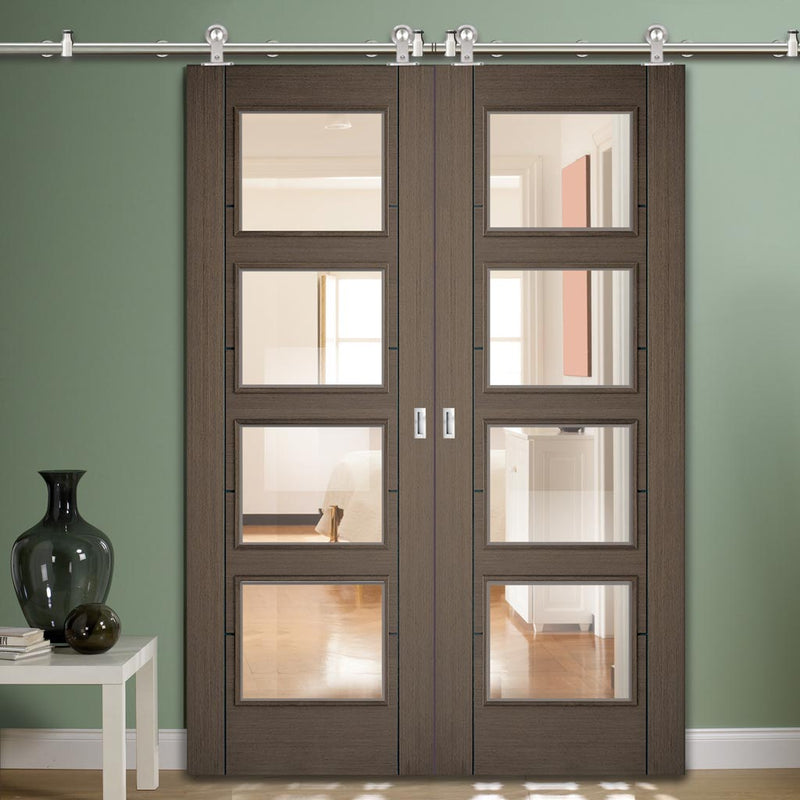 Sirius Tubular Stainless Steel Sliding Track & Vancouver 4 Pane Chocolate Grey Double Door - Clear Glass - Prefinished