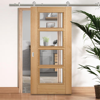 Image: Sirius Tubular Stainless Steel Sliding Track & Vancouver 4 Pane Oak Door - Clear Glazed Offset - Prefinished
