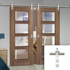 Saturn Tubular Stainless Steel Sliding Track & Vancouver 4 Pane Walnut Double Door - Clear Glass - Prefinished