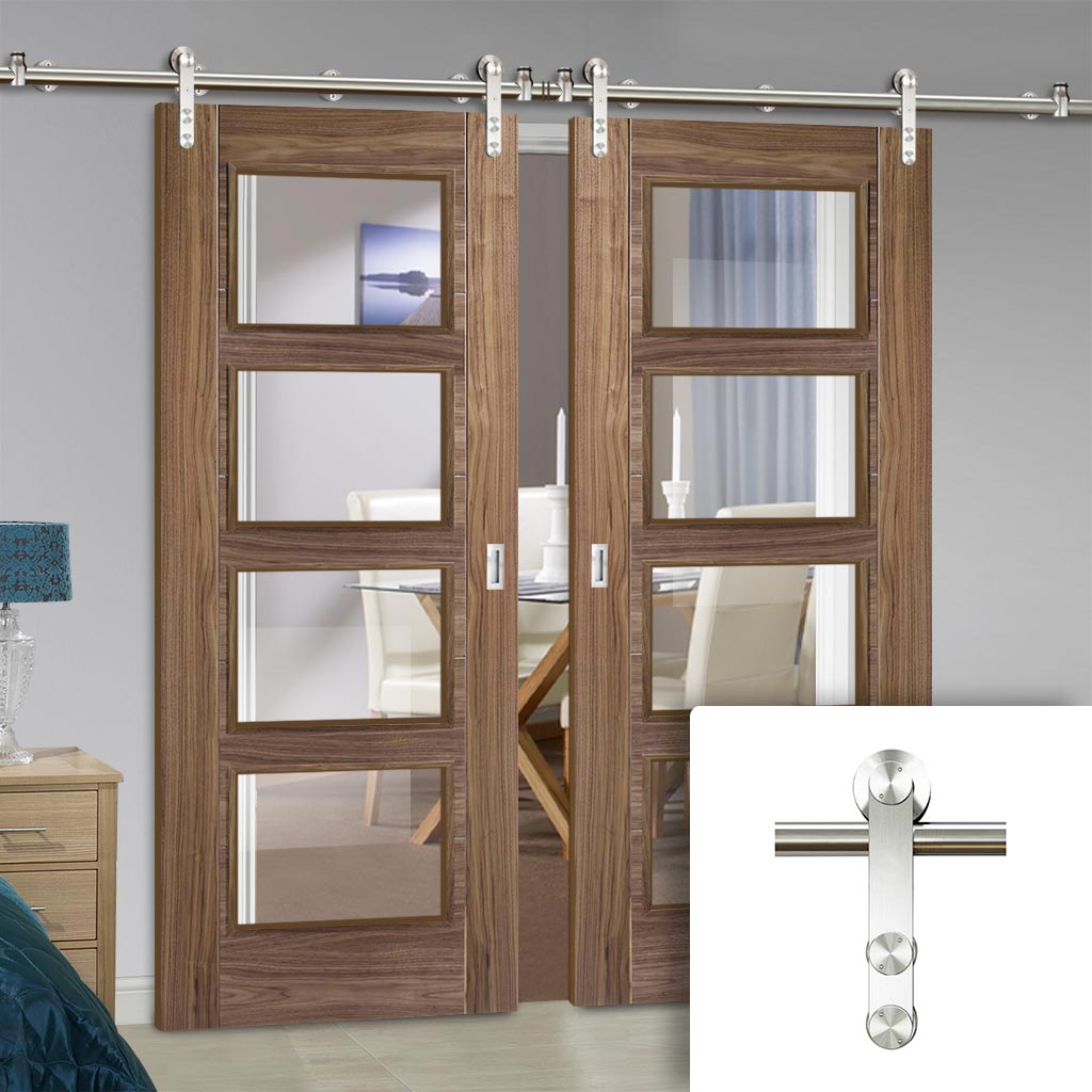 Saturn Tubular Stainless Steel Sliding Track & Vancouver 4 Pane Walnut Double Door - Clear Glass - Prefinished