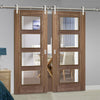 Saturn Tubular Stainless Steel Sliding Track & Vancouver 4 Pane Walnut Double Door - Clear Glass - Prefinished