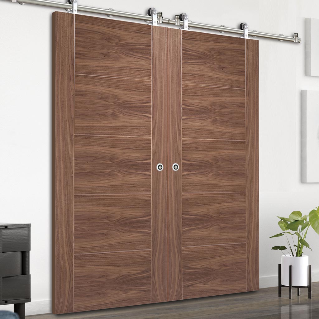 Sirius Tubular Stainless Steel Sliding Track & Vancouver 5 Panel Flush Walnut Double Door - Prefinished