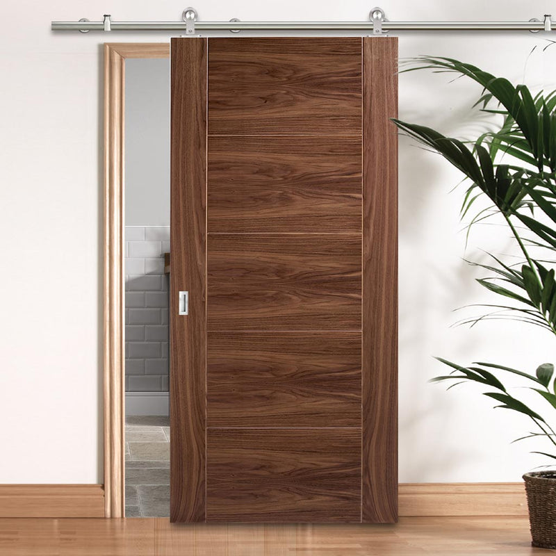 Sirius Tubular Stainless Steel Sliding Track & Vancouver 5 Panel Flush Walnut Door - Prefinished