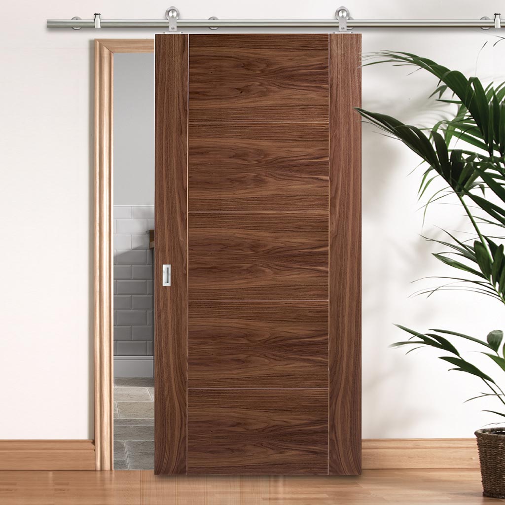 Sirius Tubular Stainless Steel Sliding Track & Vancouver 5 Panel Flush Walnut Door - Prefinished