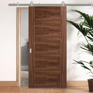Image: Sirius Tubular Stainless Steel Sliding Track & Vancouver 5 Panel Flush Walnut Door - Prefinished