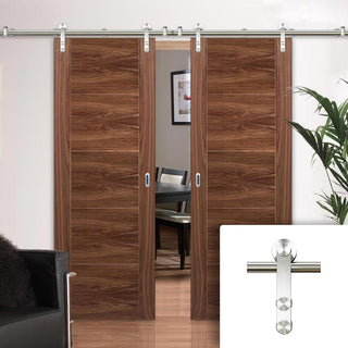 Image: Saturn Tubular Stainless Steel Sliding Track & Vancouver 5 Panel Flush Walnut Double Door - Prefinished