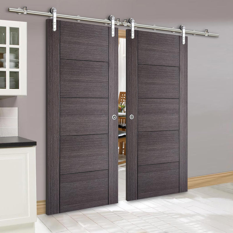 Saturn Tubular Stainless Steel Sliding Track & Vancouver Flush Ash Grey Double Door - Prefinished