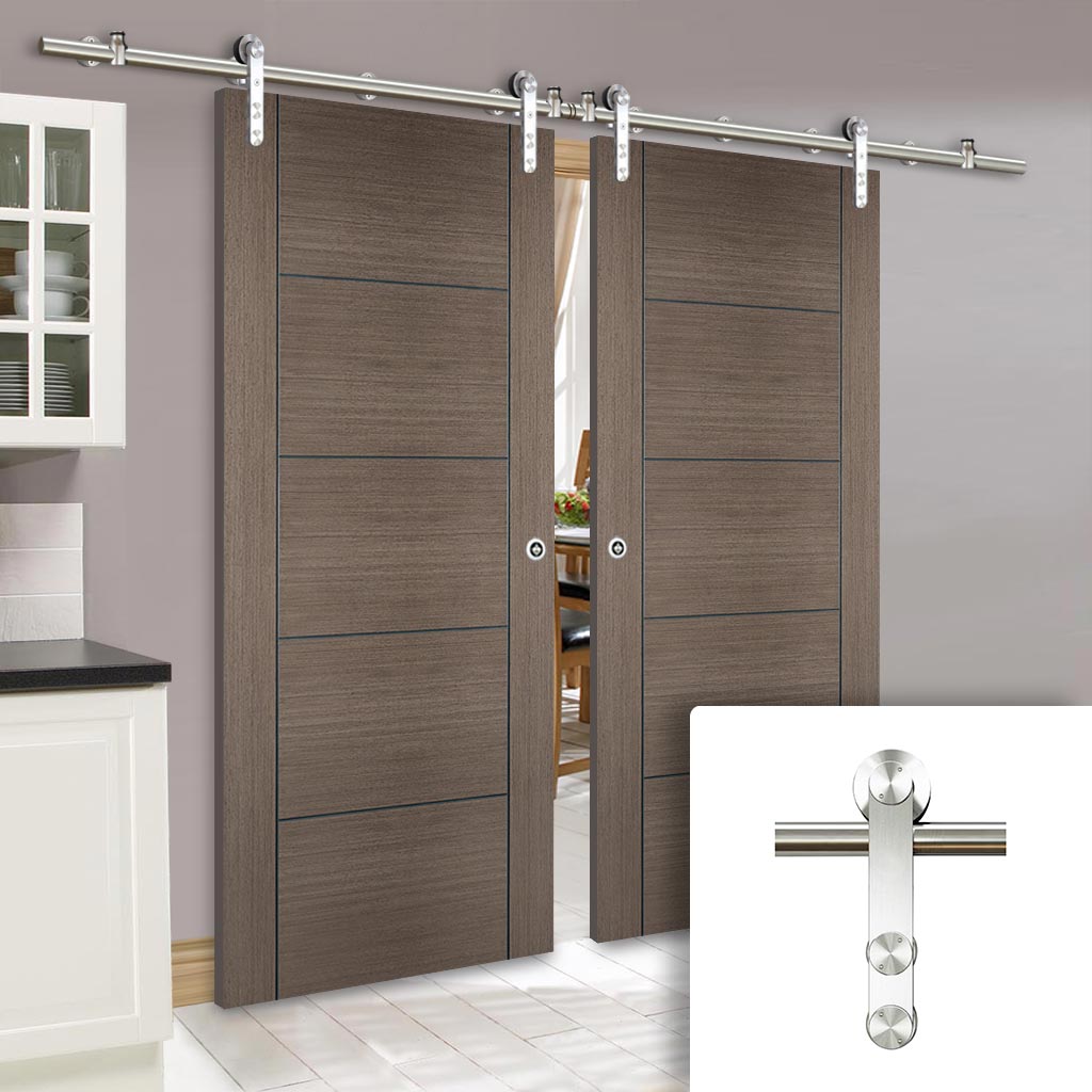Saturn Tubular Stainless Steel Sliding Track & Vancouver Flush Chocolate Grey Double Door - Prefinished