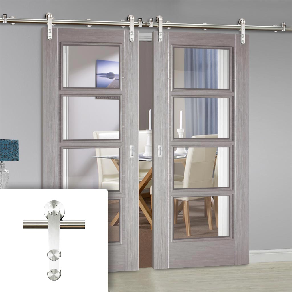 Saturn Tubular Stainless Steel Sliding Track & Vancouver Light Grey Double Door - Clear Glass - Prefinished