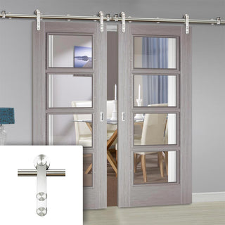 Image: Saturn Tubular Stainless Steel Sliding Track & Vancouver Light Grey Double Door - Clear Glass - Prefinished