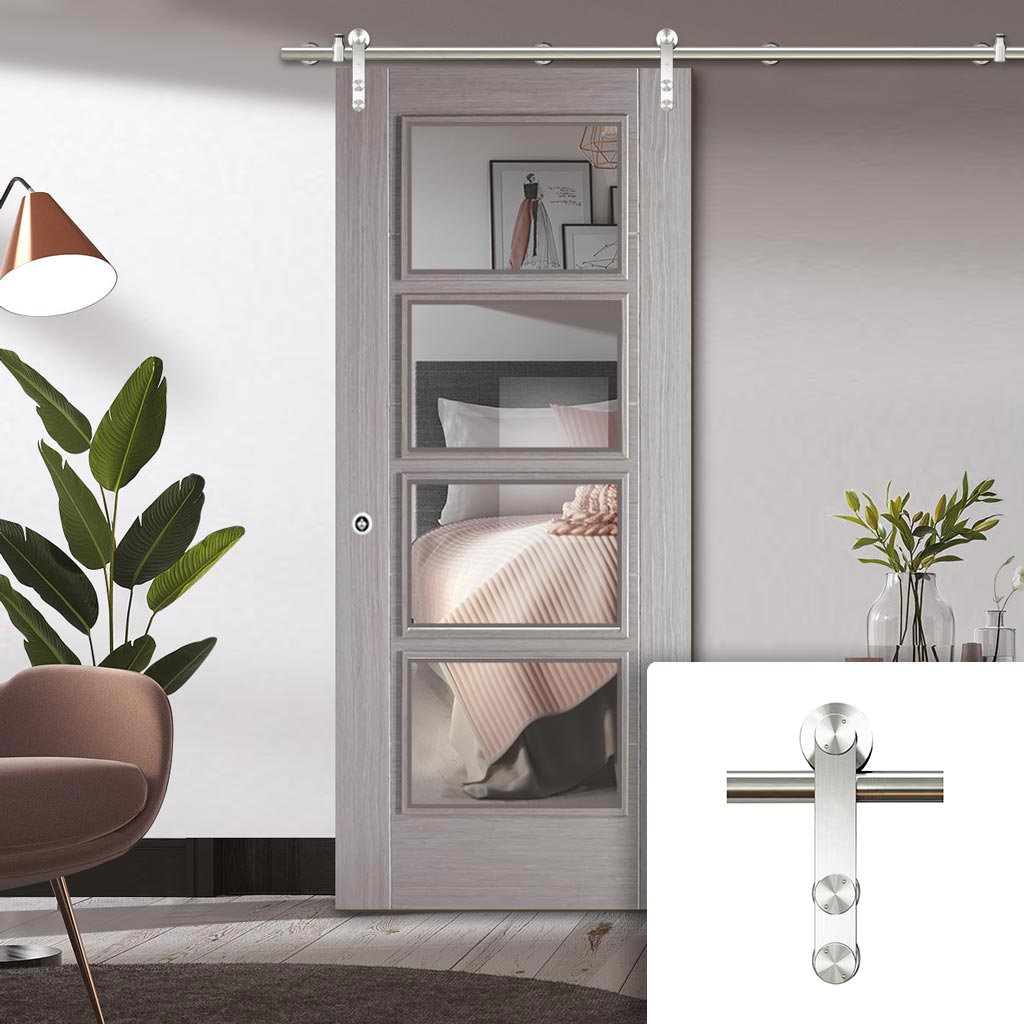 Saturn Tubular Stainless Steel Sliding Track & Vancouver Light Grey Door - Clear Glass - Prefinished