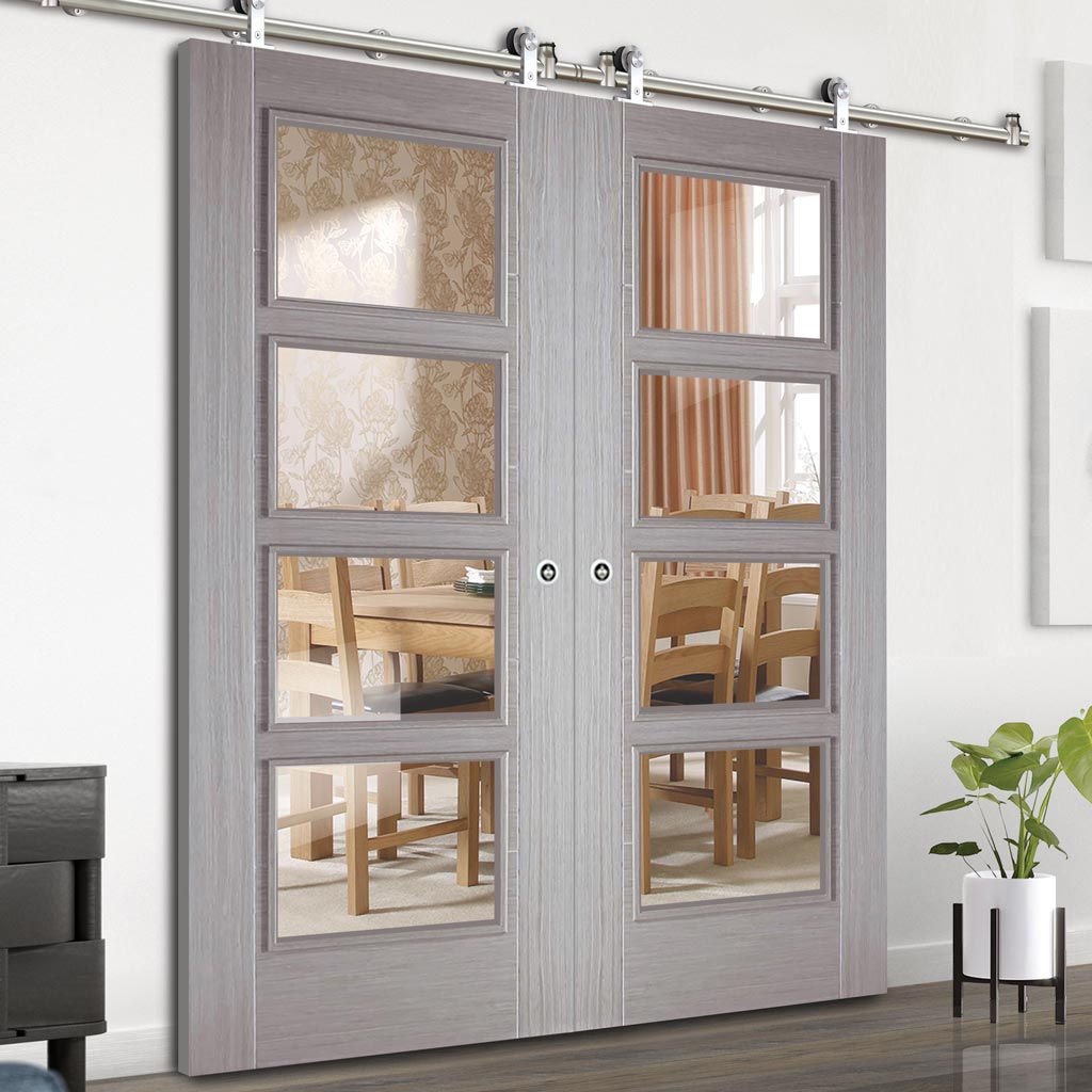 Sirius Tubular Stainless Steel Sliding Track & Vancouver Light Grey Double Door - Clear Glass - Prefinished