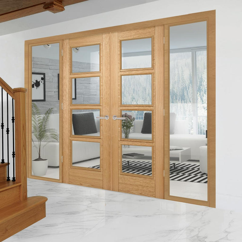 OakRoom Divider - Vancouver 4 Pane Clear Glass Prefinished Door Pair with Full Glass Sides