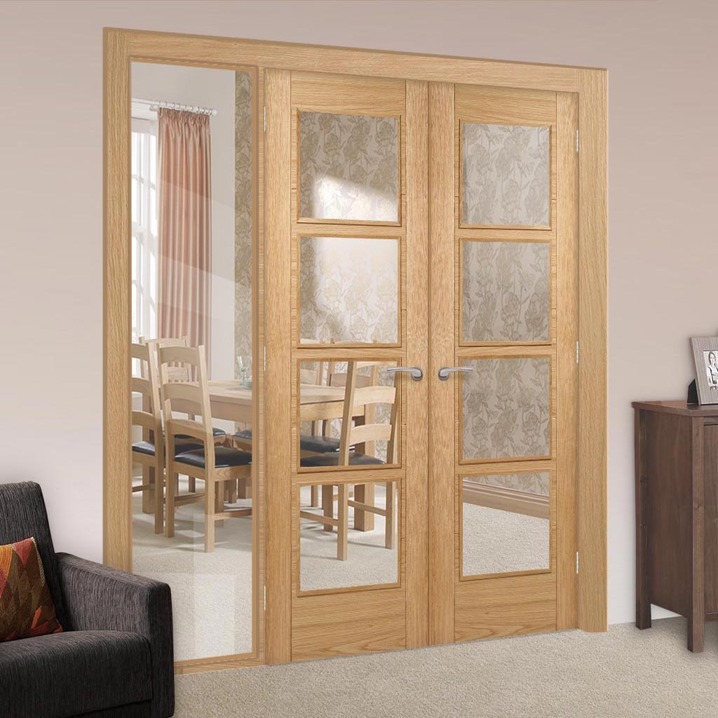 ThruEasi Oak Room Divider - Vancouver 4 Pane Clear Glass Prefinished Door Pair with Full Glass Side
