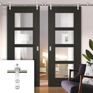 Image: Saturn Tubular Stainless Steel Sliding Track & Vancouver Smoked Oak Internal Double Doors - Clear Glass - Prefinished