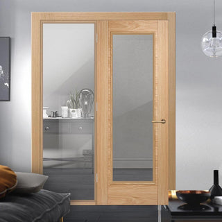 Image: ThruEasi Oak Room Divider - Vancouver 1 Pane Clear Glass Prefinished Door with Full Glass Side