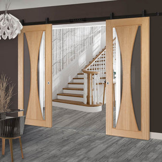 Image: Top Mounted Black Sliding Track & Double Door - Verona Oak Doors - Clear Glass - Prefinished