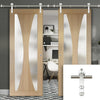 Saturn Tubular Stainless Steel Sliding Track & Verona Oak Double Door - Obscure Glass - Unfinished