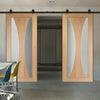 Top Mounted Black Sliding Track & Double Door - Verona Oak Doors - Obscure Glass - Unfinished