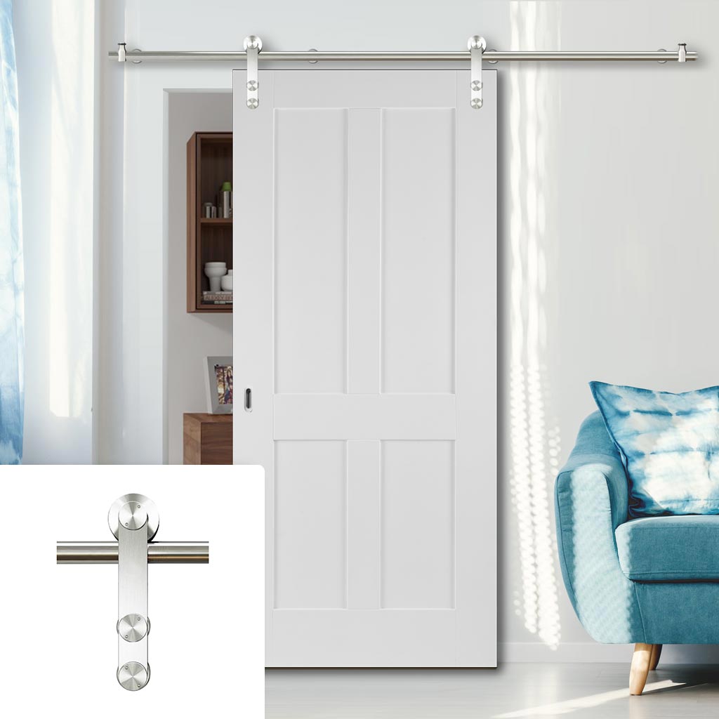 Saturn Tubular Stainless Steel Sliding Track & Victorian Shaker 4 Panel Door - White Primed