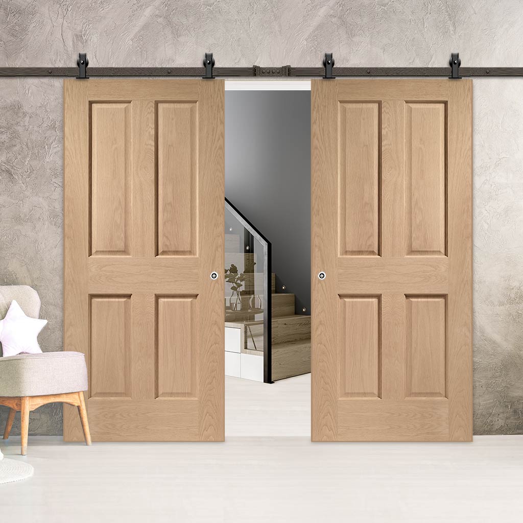 Top Mounted Black Sliding Track & Double Door - Victorian Oak 4 Panel Doors - No Raised Mouldings - Prefinished