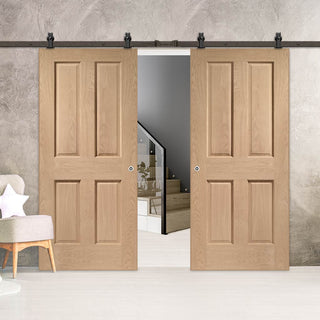 Image: Top Mounted Black Sliding Track & Double Door - Victorian Oak 4 Panel Doors - No Raised Mouldings - Prefinished