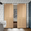 Saturn Tubular Stainless Steel Sliding Track & Victorian Oak 4 Panel Double Door - No Raised Mouldings - Prefinished