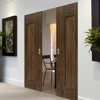 Image: Axis Shaker Walnut Absolute Evokit Double Pocket Doors Panelled- Prefinished
